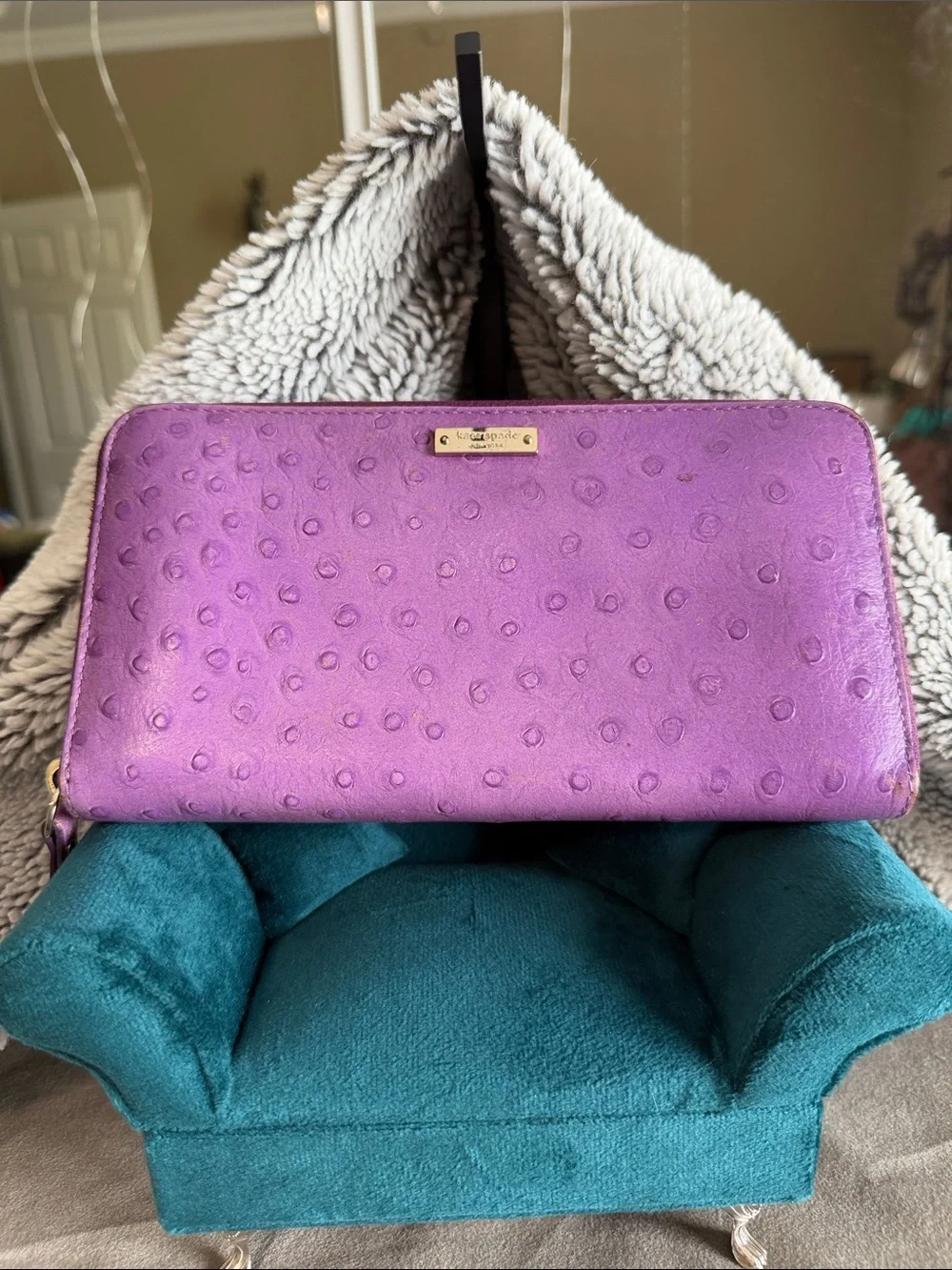 kate spade purple ostrich-embossed zip-around wallet